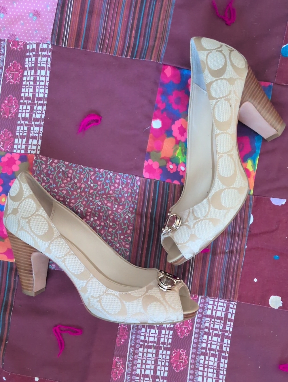 Coach Beige Signature Peep-Toe Block Heels